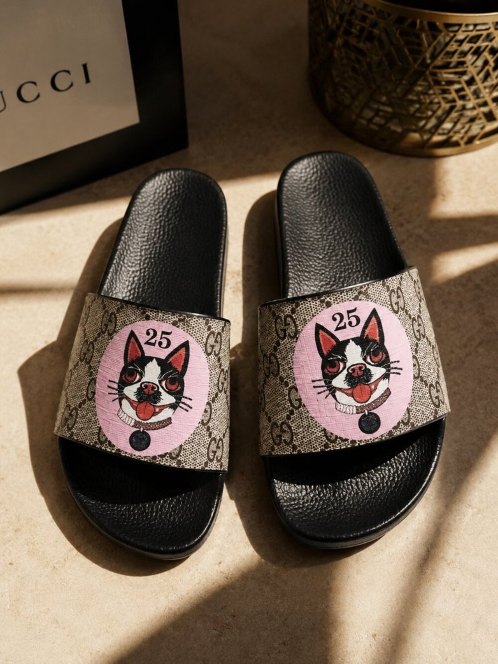 Designer Inspired Dog Print Slide Sandals Black Casual Summer Pool Slides Size 7